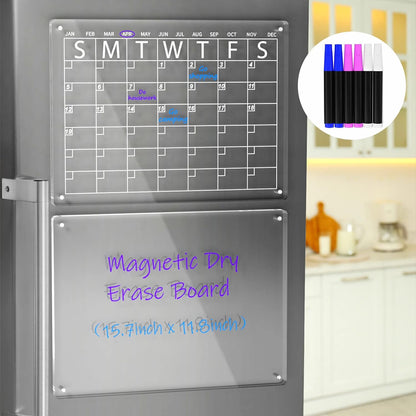 AITEE All-in-One Magnetic Dry Erase Board for Fridge, 2-Pack Acrylic Calendar & Memo Set with 6 Markers (3 Colors), Eraser, Holder, Reusable 16x12 Inch Planner