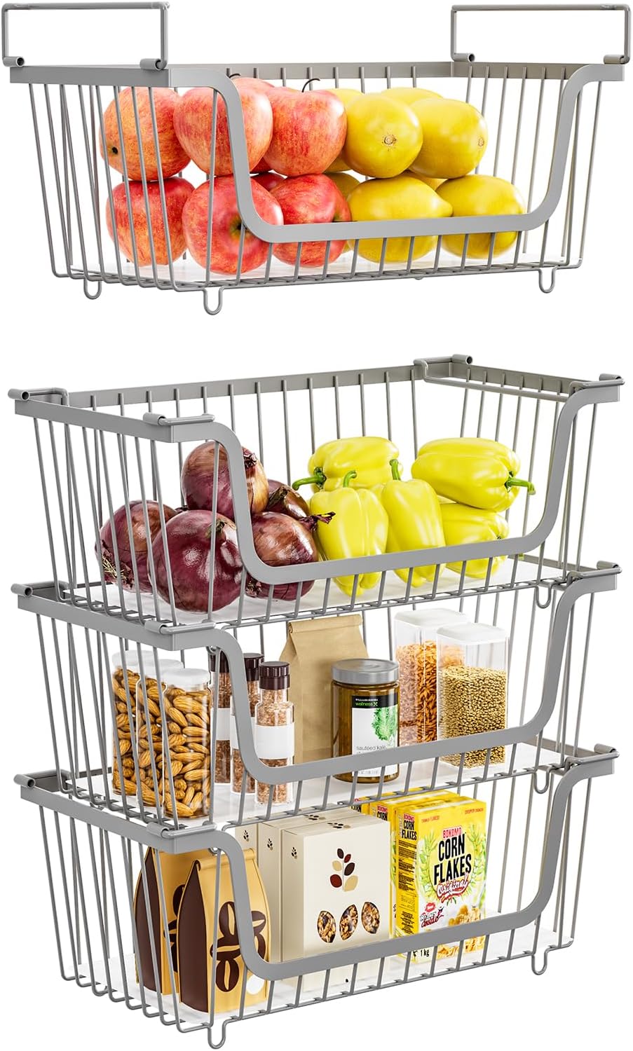 4 Pack Stackable Wire Baskets with Handles for Pantry Organizers and Storage, Fruit and Vegetable wire storage baskets, Potato and Onion Storage Bin, Metal Baskets for Organizing Snacks, Cans (White)