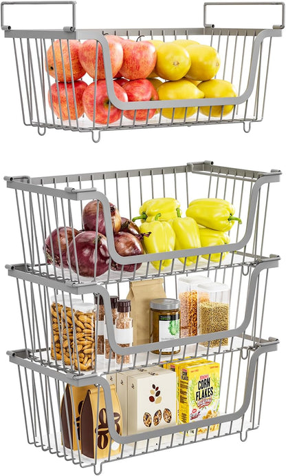 4 Pack Stackable Wire Baskets with Handles for Pantry Organizers and Storage, Fruit and Vegetable wire storage baskets, Potato and Onion Storage Bin, Metal Baskets for Organizing Snacks, Cans (White)