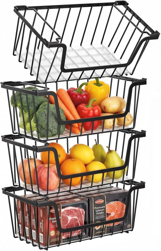 SUNALLY Stackable Storage Bins 4 Pcs Wire Baskets for Pantry Organizers and Storage, Vegetable Fruit Storage Basket for Countertop Organizer,Kitchen Baskets for Onion Potato Snack Cans Storage,Black
