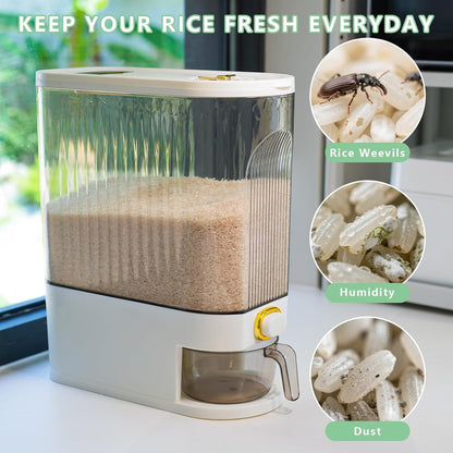 Rice Storage Container 10kg, Clear Food Grain Dispenser with Date Dial & Measuring Cup, Space-Saving Organizer for Rice, Cereal, Pet Food, Pasta