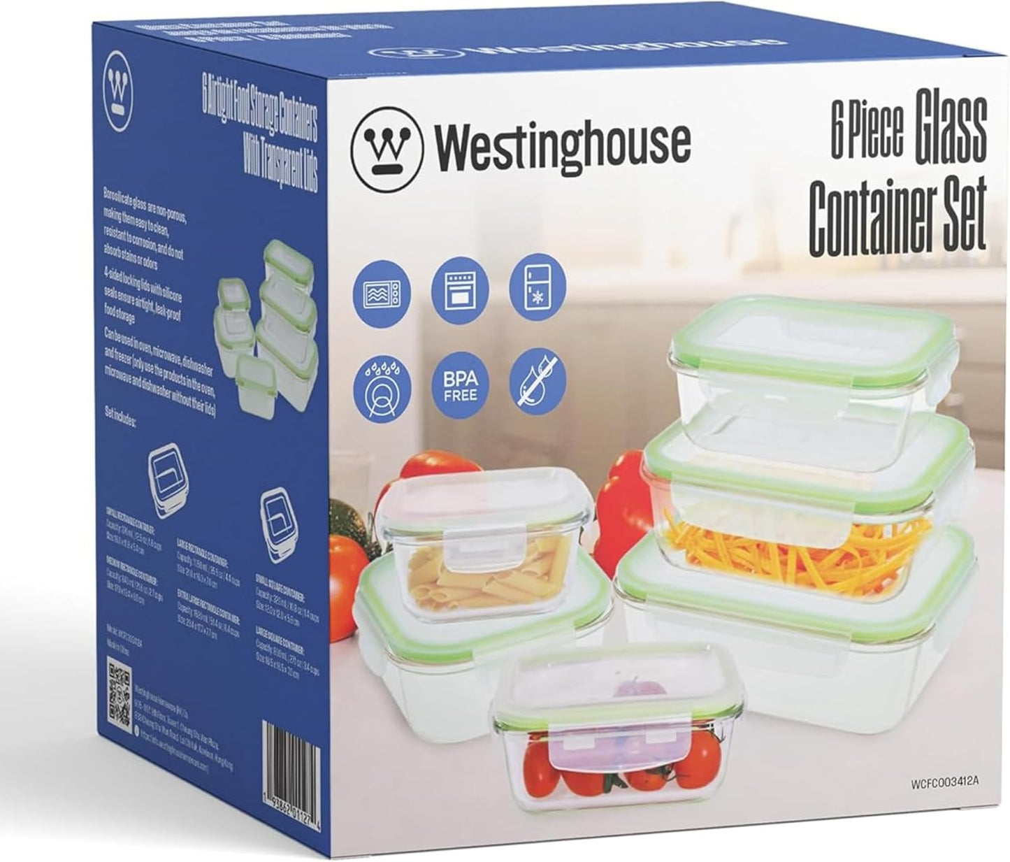 Westinghouse 6-Piece Glass Food Storage Container Set with Airtight Lids - BPA-Free, Stackable, Leakproof, Freezer, Microwave, Oven & Dishwasher Safe Meal Prep Containers - 320ml to 1520ml