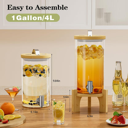 1 Gallon Glass Drink Dispenser For Parties, Beverage Dispenser With Bamboo Wood Stand And Stainless Steel Spigot, Countertop Water Dispenser, Lemonade Dispenser For Wedding, Picnic (1PACK)
