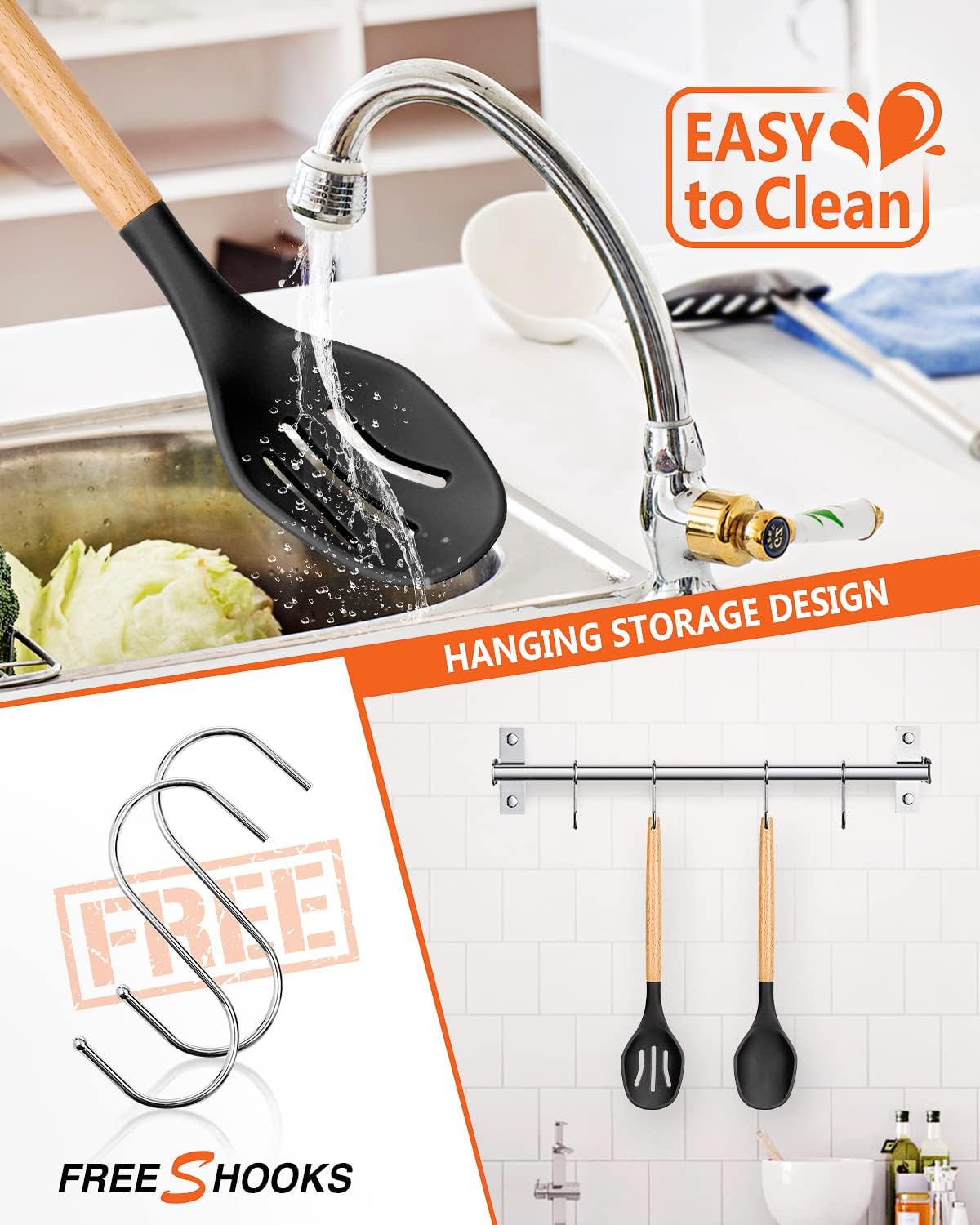 Large Silicone Cooking Spoons, 2 Pack Nonstick Solid and Slotted Wooden handle Spoon Set, Heat Resistan Silicone Kitchen Spoons for Cooking, Serving, Basting, Mixing (Khaki)