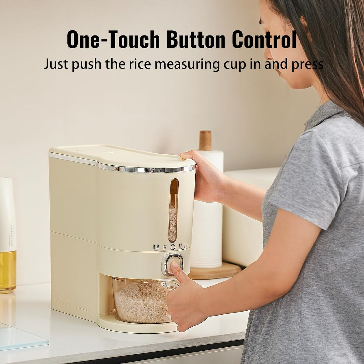 UFORU Rice Dispenser, Rice Storage Container with Measuring Cup for Kitchen Pantry Household, Dry Food Storage Containers Airtight, Sealed Moisture Proof (White 13Lbs)
