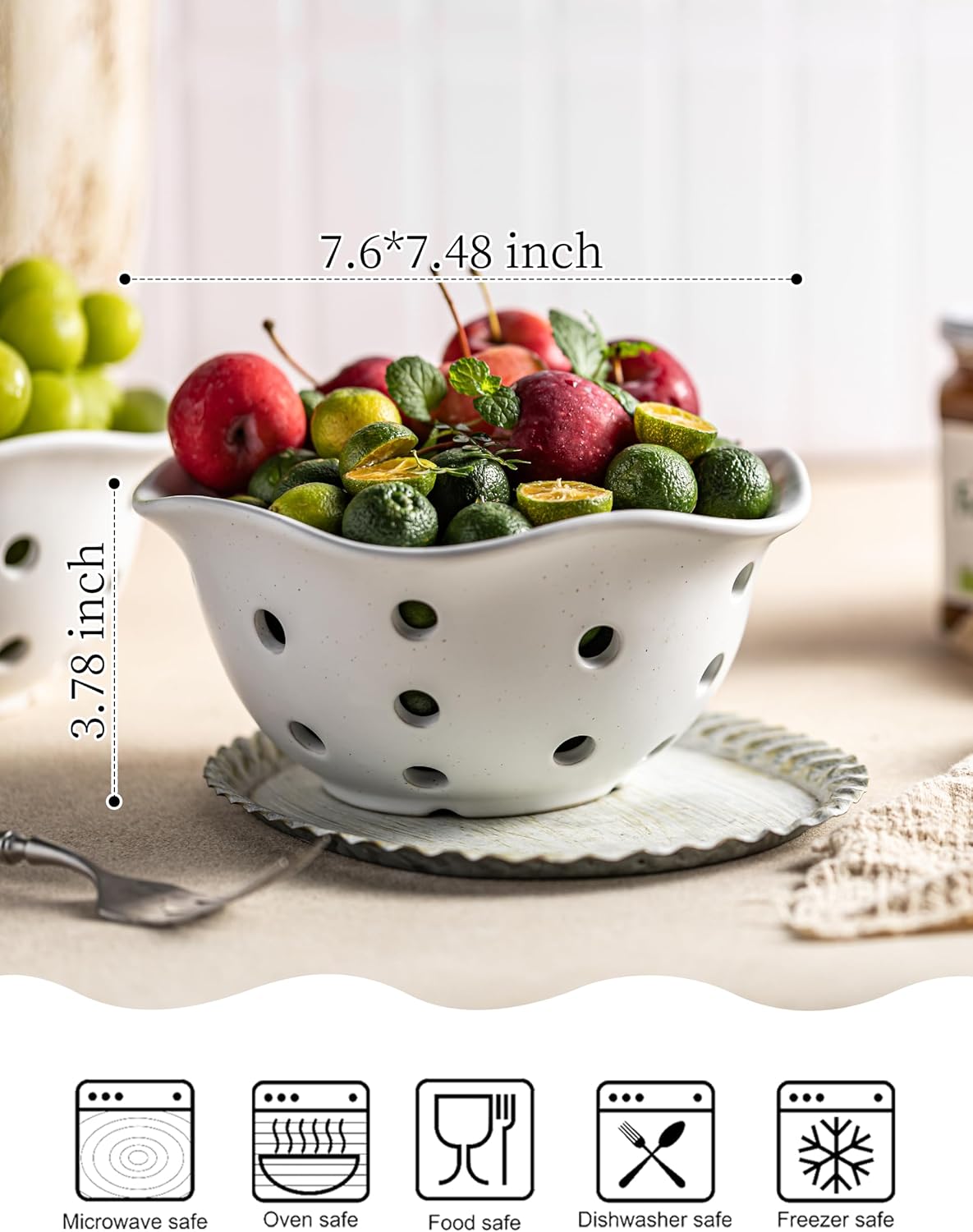 Gomakren Berry Bowls with Holes Ceramic, Berry Washing Bowl Basket Set of 2, 5.8 Inch Round Fruit Bowl Storage Containers, Strawberry Baskets, Farmhouse Kitchen Decor, Yellow + Brown