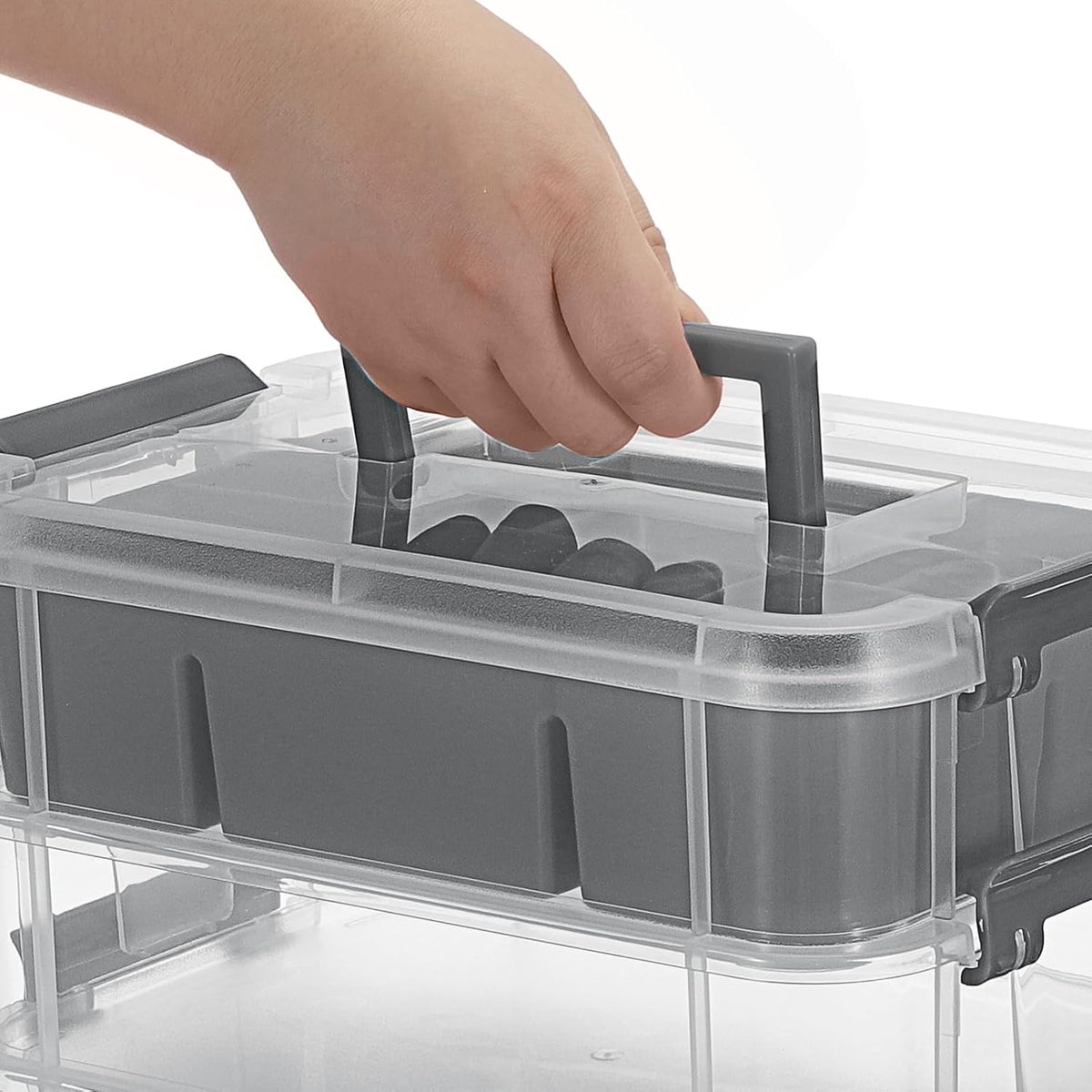 JUXYES 4-Tiers Plastic Stack Carry Storage Containers Box wih Handle Lids | Clear Stackable Latching Storage Bin With 2 Tray for School Office, Organizing Sewing, Art Craft, DIY Supplies, Blue