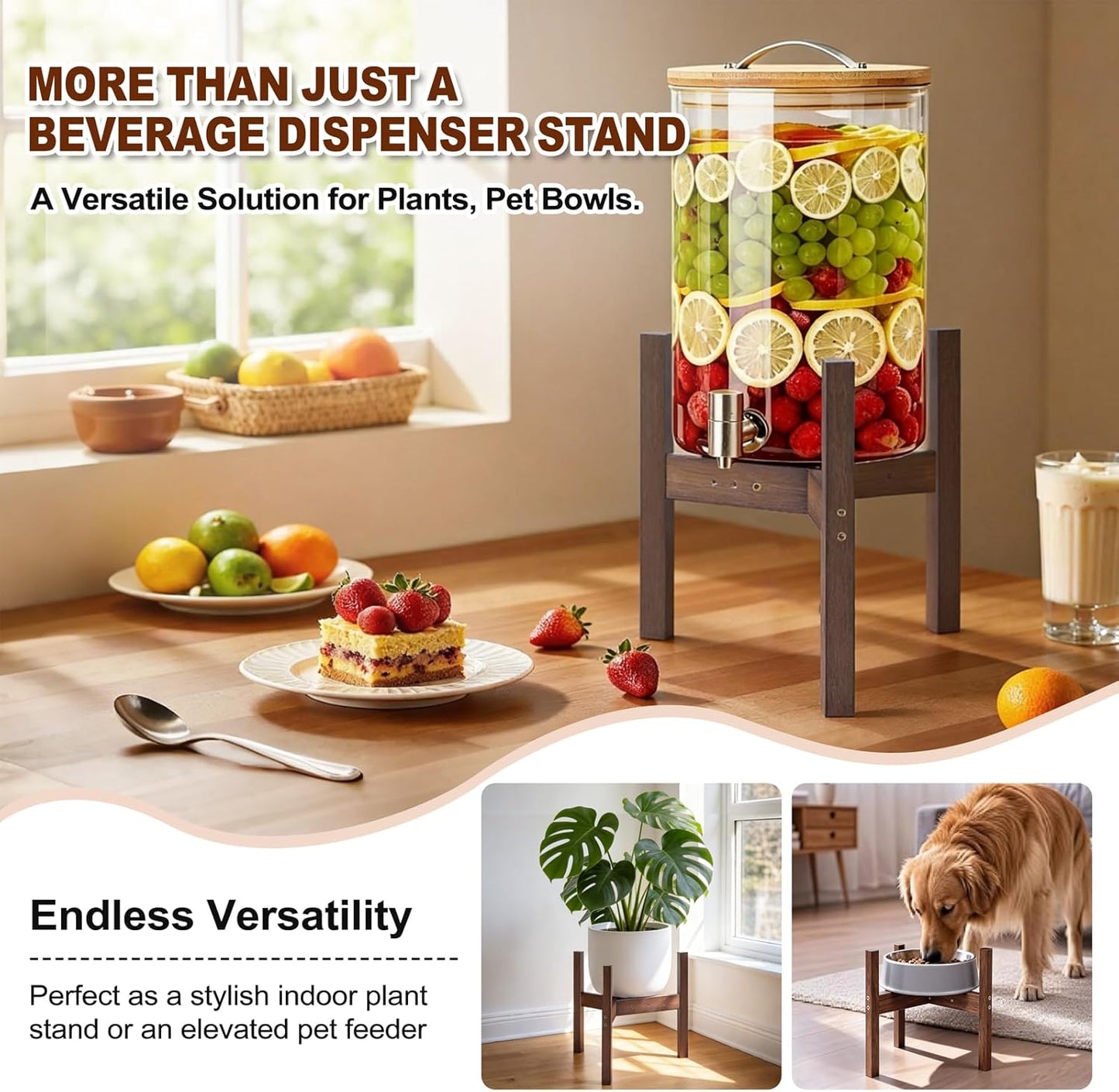OERGKE Adjustable Bamboo Drink Dispenser Stand, Water Dispenser Holder for 2-5 Gallon (8-12 Inch), Beverage Stand for Countertop & Parties, Walnut