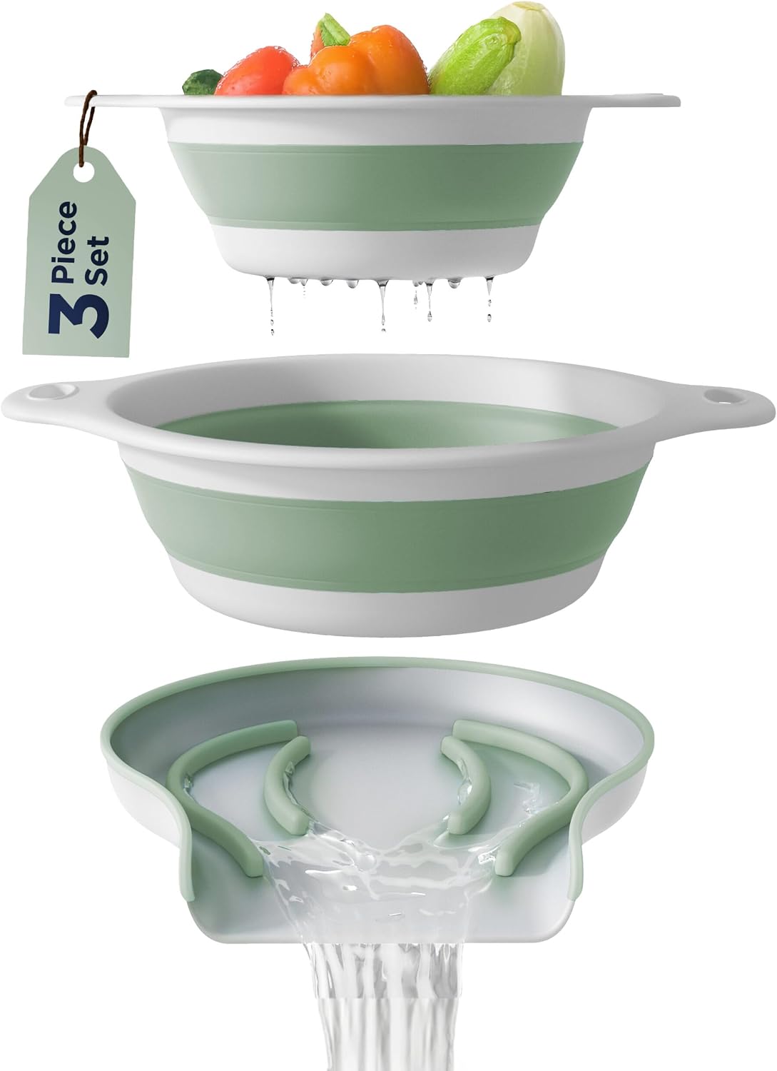 Collapsible Colanders (2 Pack Set) Food Strainers with Over-Sink Water Draining Base for Pasta Fruits and Vegetables (4 and 5 Quart) - White Beige