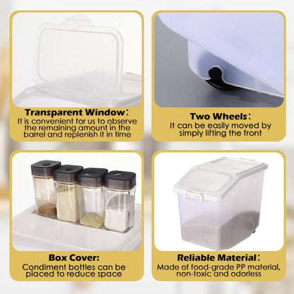 Sunnyray 4 Pcs Rice Storage Container 27.5 lb Airtight Flour Container with Wheels Measuring Cup White Pet Food Dog Cat Birds Food Bin Grain Cereal Organizer Box for Dry Baking Supplies