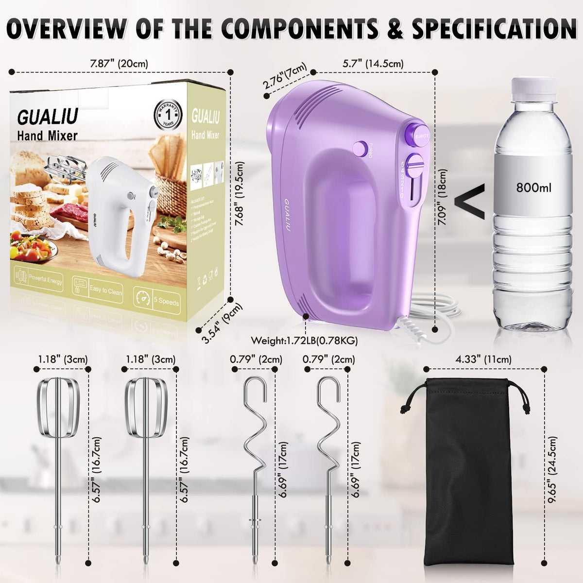 GUALIU Electric Hand Mixer, 304*(2* Beaters, 2* Dough Hooks), (1* Storage Bag) Handheld Mixer for Baking Cakes, Eggs, Cream Food Mixers, Turbo Boost /5 Speed Kitchen Blender PINK