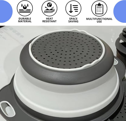 3PCS Green Foldable Kitchen Strainer Set – Silicone Colander Collapsible Strainers and Colanders Green Collander for Kitchen Collapsible Compact Drain Tools for Cooking Prep