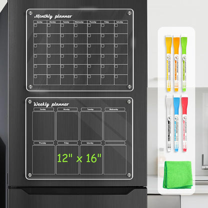 WALGLASS Acrylic Calendar for Fridge, 8.5"x11" Gold Weekly Clear Acrylic Magnetic Dry Erase Board for Refrigerator, Set of 2 Stronger-Magnetic Reusable Fridge Planner, Includes 8 Liquid Chalk Markers