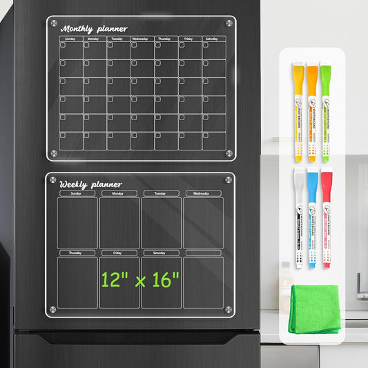 WALGLASS Acrylic Calendar for Fridge, 8.5"x11" Gold Weekly Clear Acrylic Magnetic Dry Erase Board for Refrigerator, Set of 2 Stronger-Magnetic Reusable Fridge Planner, Includes 8 Liquid Chalk Markers