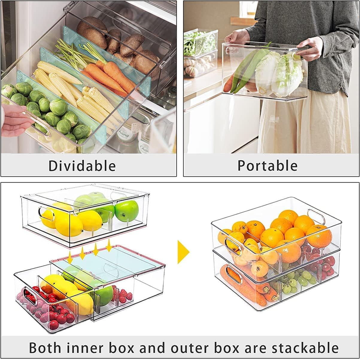 3Pack Fridge Organizer Drawer Divider Cube Pull-Out Bins Clear Food Container Refrigerator Storage box Produce Saver for Pantry Kitchen Cabinet
