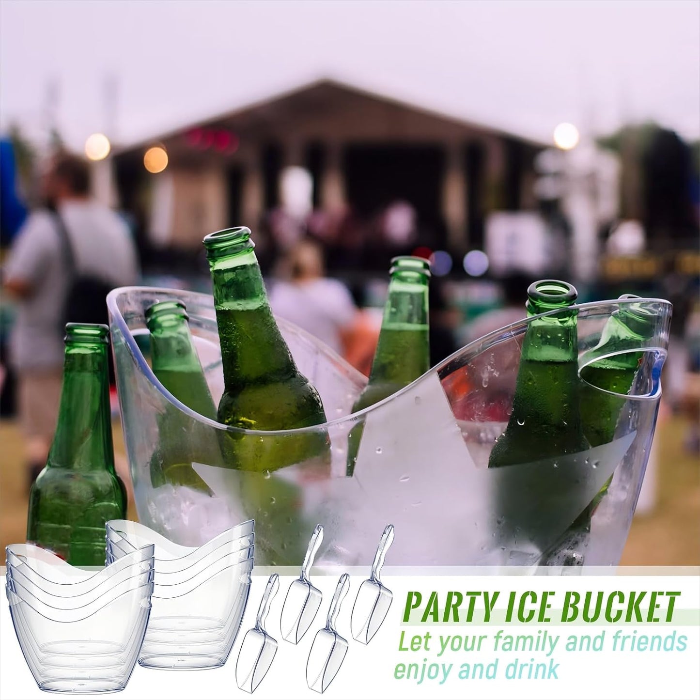Cunhill 6 Pieces Plastic Clear Ice Bucket with Scoops Clear Acrylic Ice Tub Plastic Wine Bucket Party Beverage Chiller Bin Parties Tub for Wine Champagne or Beer (4 Liters)