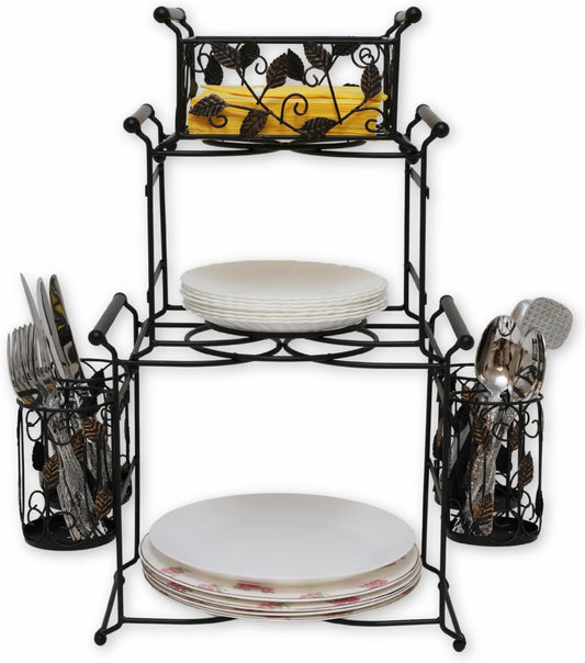 Chaffing Dish Buffet Set – 3-Tier Chaffee Buffet Set with Plate, Napkin and Silverware Holder – Buffet Caddy Plate Holder Organizer for Kitchen, Dining, Entertainment – Tiered Organizer