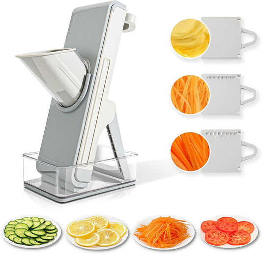 Safe Mandoline Slicer for Kitchen, Adjustable Vegetable Slicer, Julienne Slicers, Cut Resistant Stainless Steel Blades, Potato Fry Cutter, Onion Chopper, Detachable, Dishwasher Safe, Kitchen Gadgets