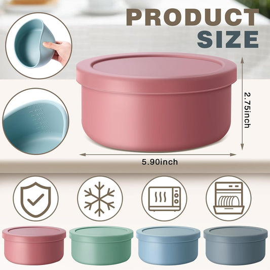 4 Pcs 24 oz Round Silicone Food Storage Containers Lunch Container with Lids Reusable Meal Prep Containers Bento Lunch Boxes Leakproof Food Organizers for Microwave Dishwasher Freezer Safe