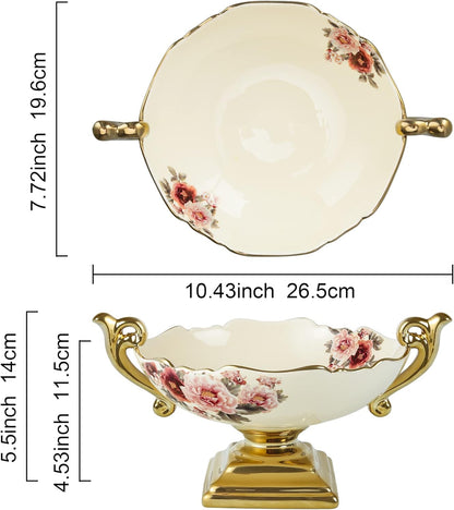 fanquare 3 Compartment Platter, Gold Porcelain Appetizer Serving Tray, Floral Ceramic Divided Serving Plate for Fruit, Candy, Nuts