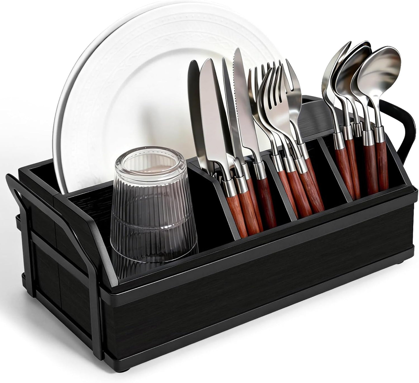 Large Kitchen Utensil Holder Caddy, 6 Compartments Wooden Utensils Organizer for Cooking Utensils, Silverware, Paper Plate, Spoon, Fork, Cutlery Storage on Kitchen Countertop for Party Hosting