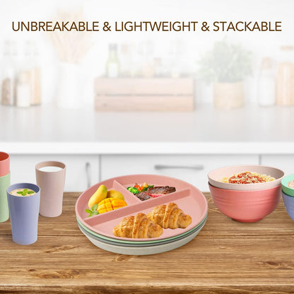 greenandlife 9 Inch 4PCS Portion Control Plates with Lids, Divided Plates for Kids Adults, Dishwasher Microwave Safe Compartment Plate, Unbreakable Lightweight Reusable Wheat Straw Plate, Earth Tone