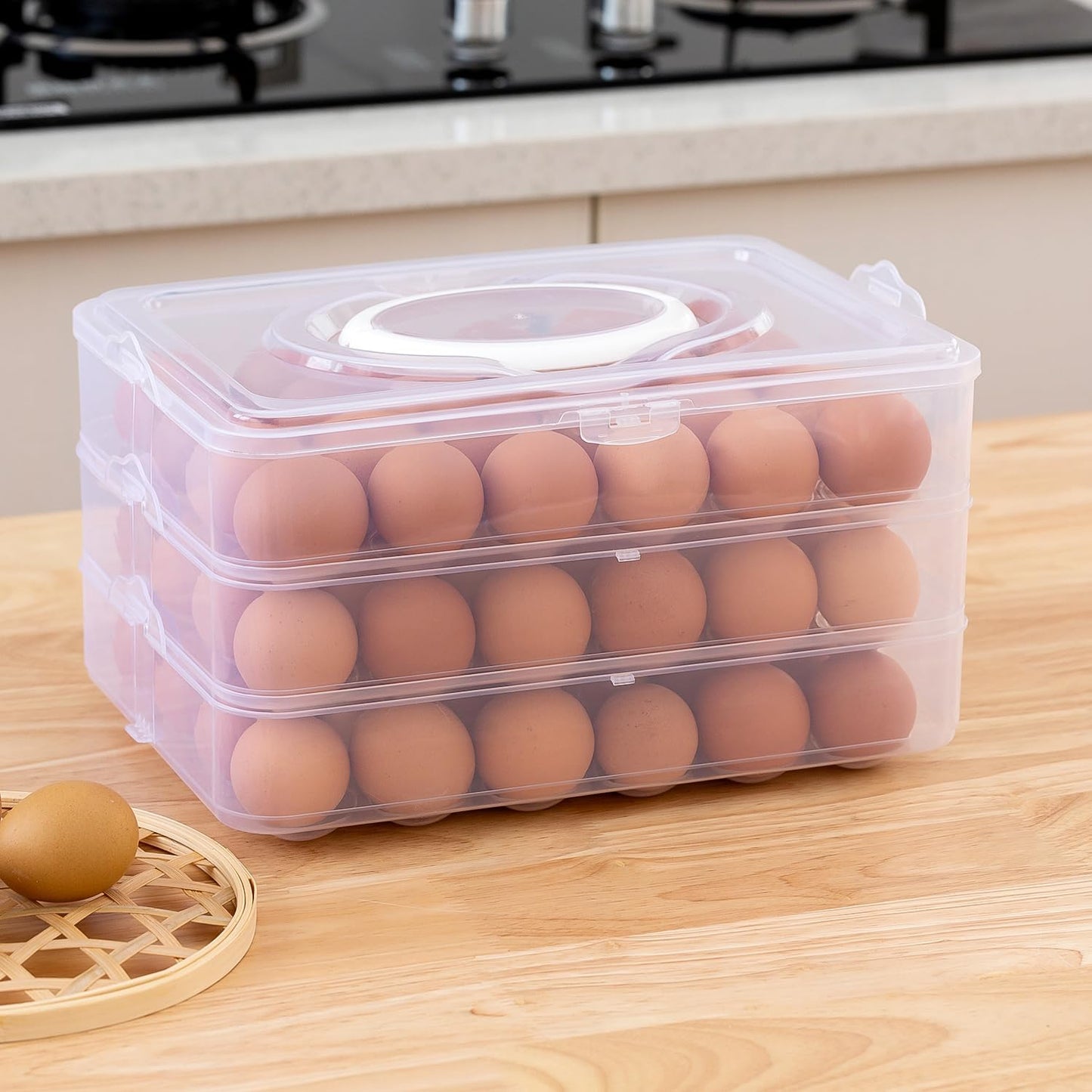 Sooyee Egg Holder for Refrigerator, 3-Layers 72 Deviled Egg Tray with Lid Egg Carrier Box Dispenser Container with Handle for Eggs 72 Count