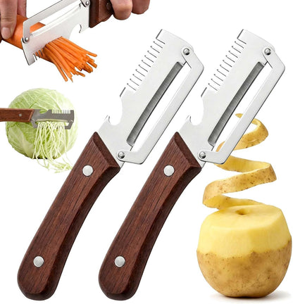 3 in 1 Multifunctional Vegetable Peeler with Julienne & Bottle Opener, German High-Carbon Stainless Steel Blade, Ergonomic Non-Slip Wooden Handle, Handheld Peeler Slicer for Fruits & Vegetables(1PCS)