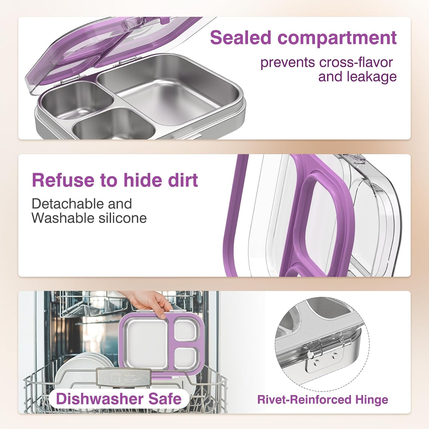 HOMEKOL Stainless Steel Bento Lunch Box, 3-Compartment Leak-Proof Lunch Container for Kids & Adults, BPA/BPS-Free 304 Metal Food Box, Dishwasher Safe, Clear Tritan Lid, Green (Not Insulated)