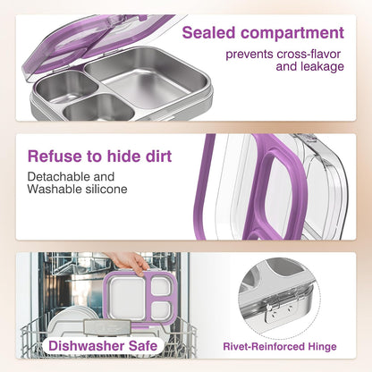 HOMEKOL Stainless Steel Bento Lunch Box, 3-Compartment Leak-Proof Lunch Container for Kids & Adults, BPA/BPS-Free 304 Metal Food Box, Dishwasher Safe, Clear Tritan Lid, Green (Not Insulated)