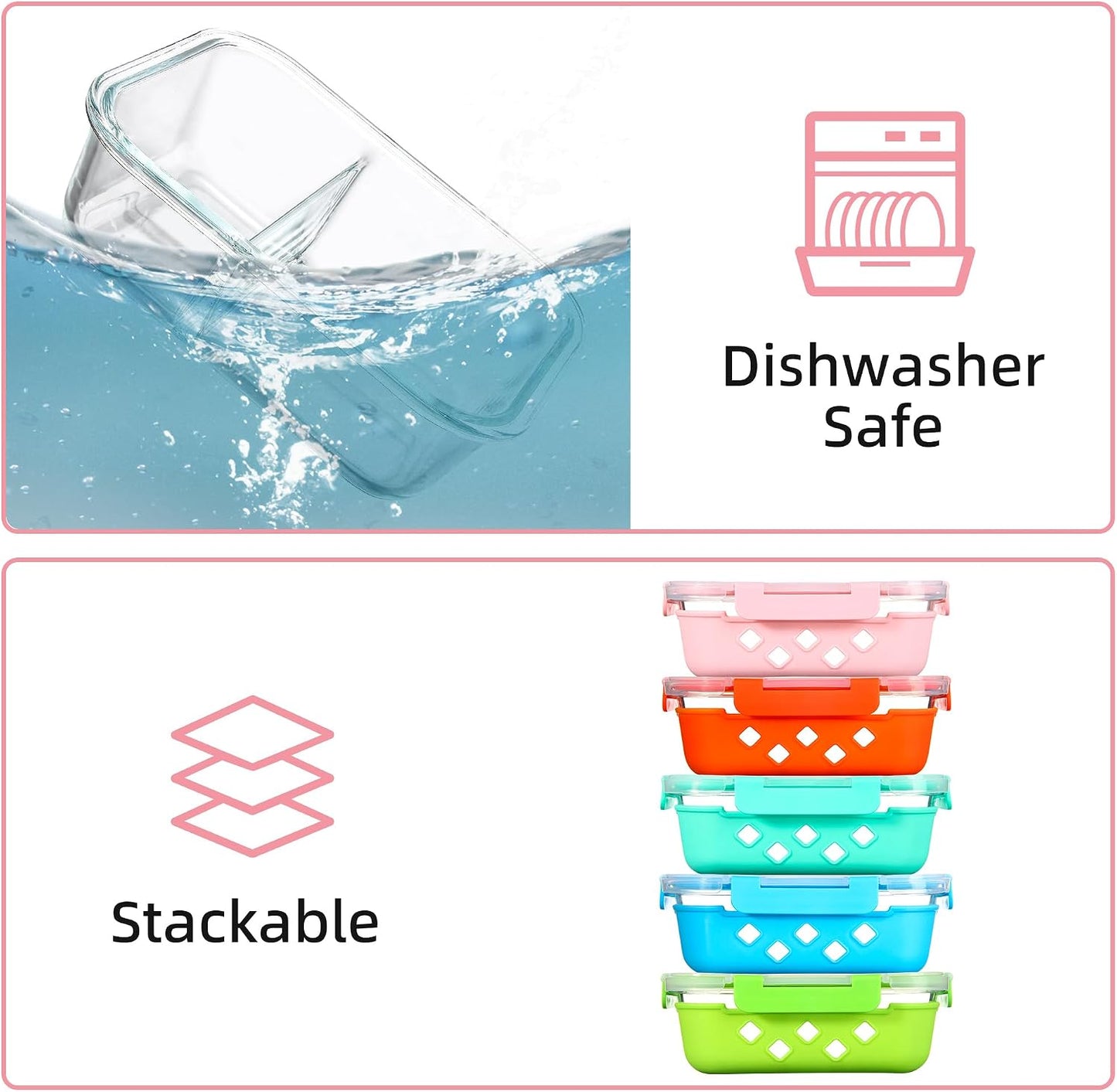 5 Pack Glass Meal Prep Containers 3 Compartment with Lids, Divided Glass Storage Containers with Silicone Sleeve for Lunch, Leak-Proof Portion Control Food Containers, Dishwasher Safe, 34 oz