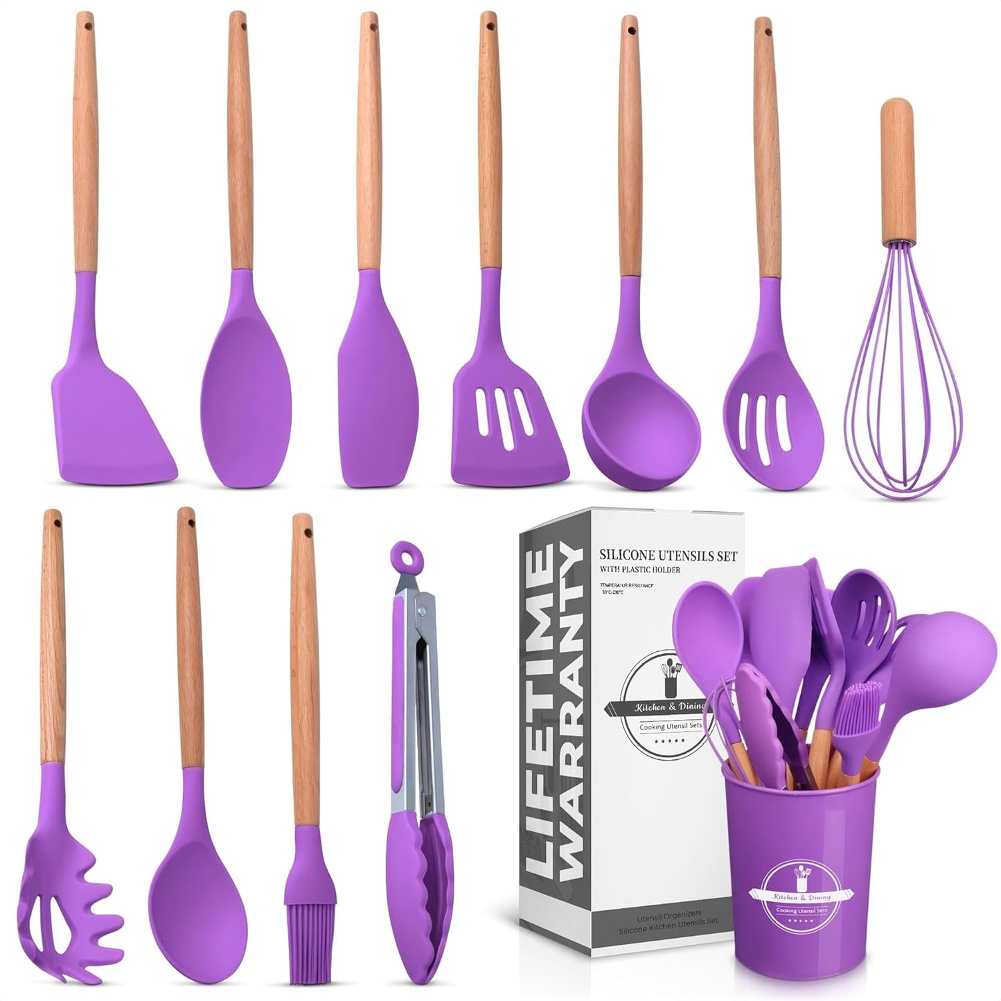 14 PCs Black Silicone Cooking Utensils Set with Holder - Versatile Kitchen Utensils with Sturdy Wooden Handles - Heat Resistance Silicone Kitchen Utensil Set with Holder for All Cooking & Baking Needs