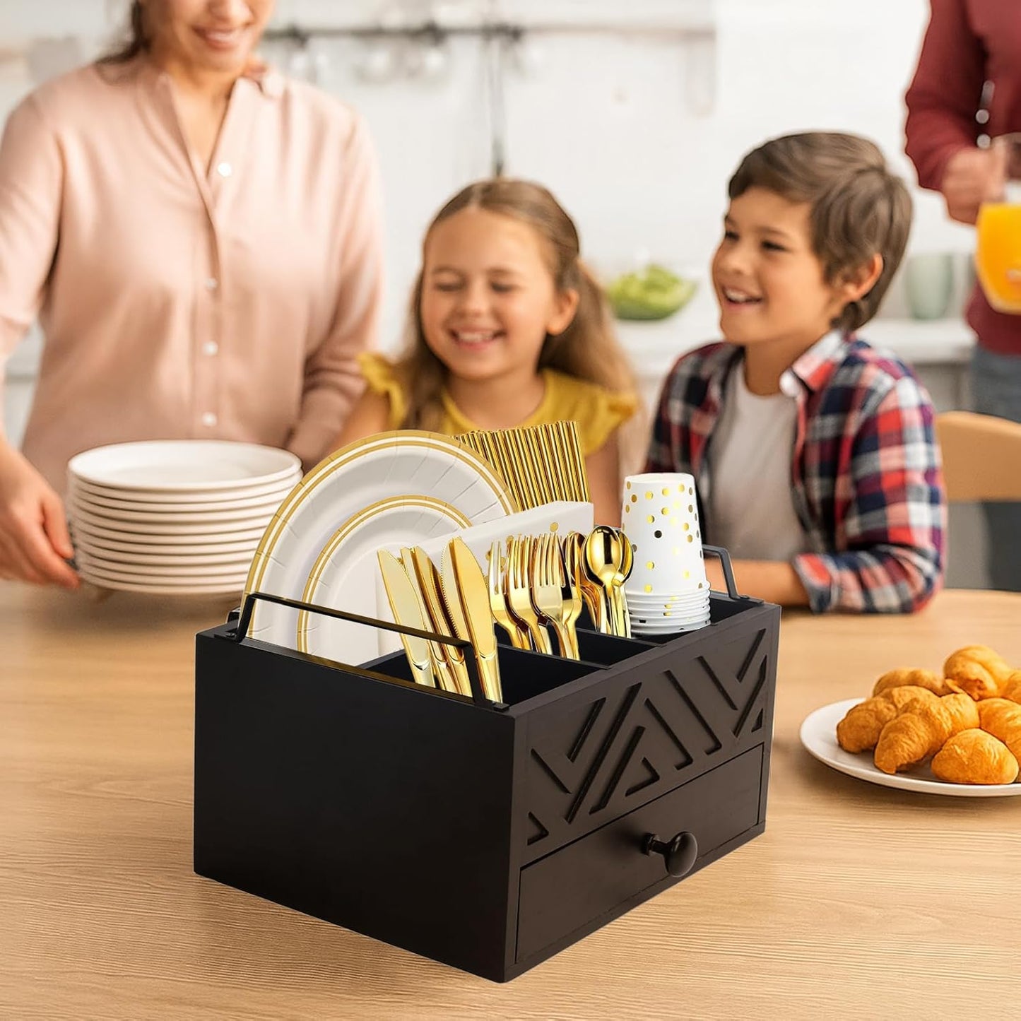 Paper Plate Dispenser with Drawer, country style Wood Kitchen Counter, Picnic, Party, Camping - Caddy Organizer for Cups, Spoons, Forks, Plates, office supplies, Napkins & Silverware