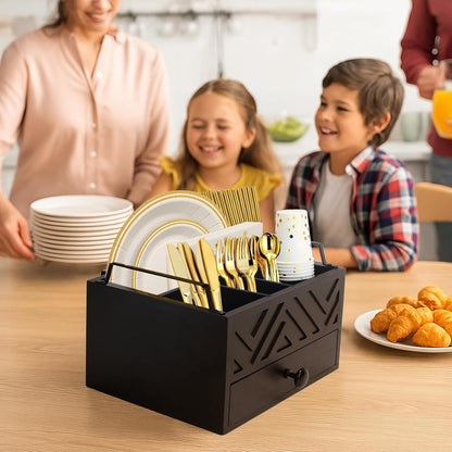 Paper Plate Dispenser with Drawer, country style Wood Kitchen Counter, Picnic, Party, Camping - Caddy Organizer for Cups, Spoons, Forks, Plates, office supplies, Napkins & Silverware