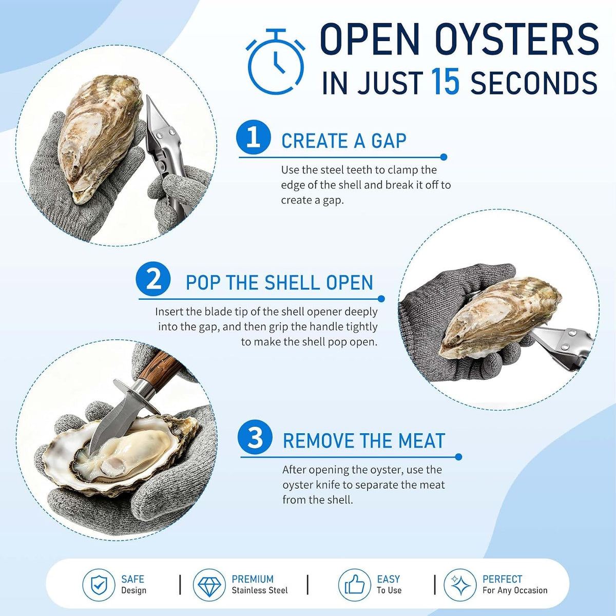 2026 New Oyster Shucker & 2 Shucking Knife Kit with Safety Gloves, Stainless Steel Oyster Opener Easy Leverage Design for Safe Fast Oyster Shucking Keep the Juice