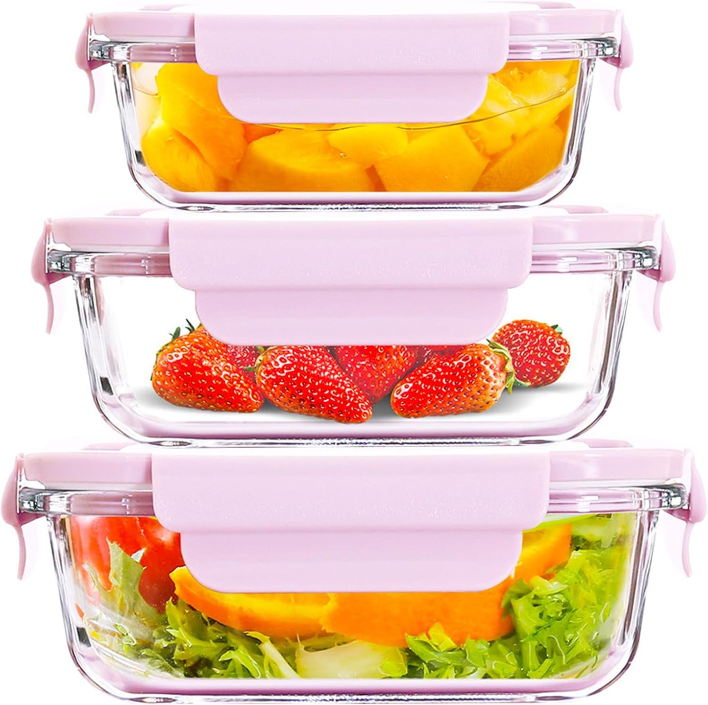 6 Pieces Rectangle Glass Food Storage Containers with Lids, Meal Prep Containers for Food Storage, BPA Free & Leak Proof (3 lids & 3 Containers) 13.9oz, 24oz, 35oz (Pink)
