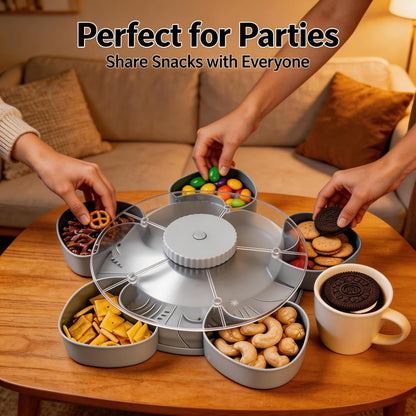 Snack Spinner with Lid, Rotating 5 Compartment Snack Tray for Fruit, Nuts, Candy and Appetizers, Divided Serving Container for Party, Family Night and Kitchen Counter (Blue)
