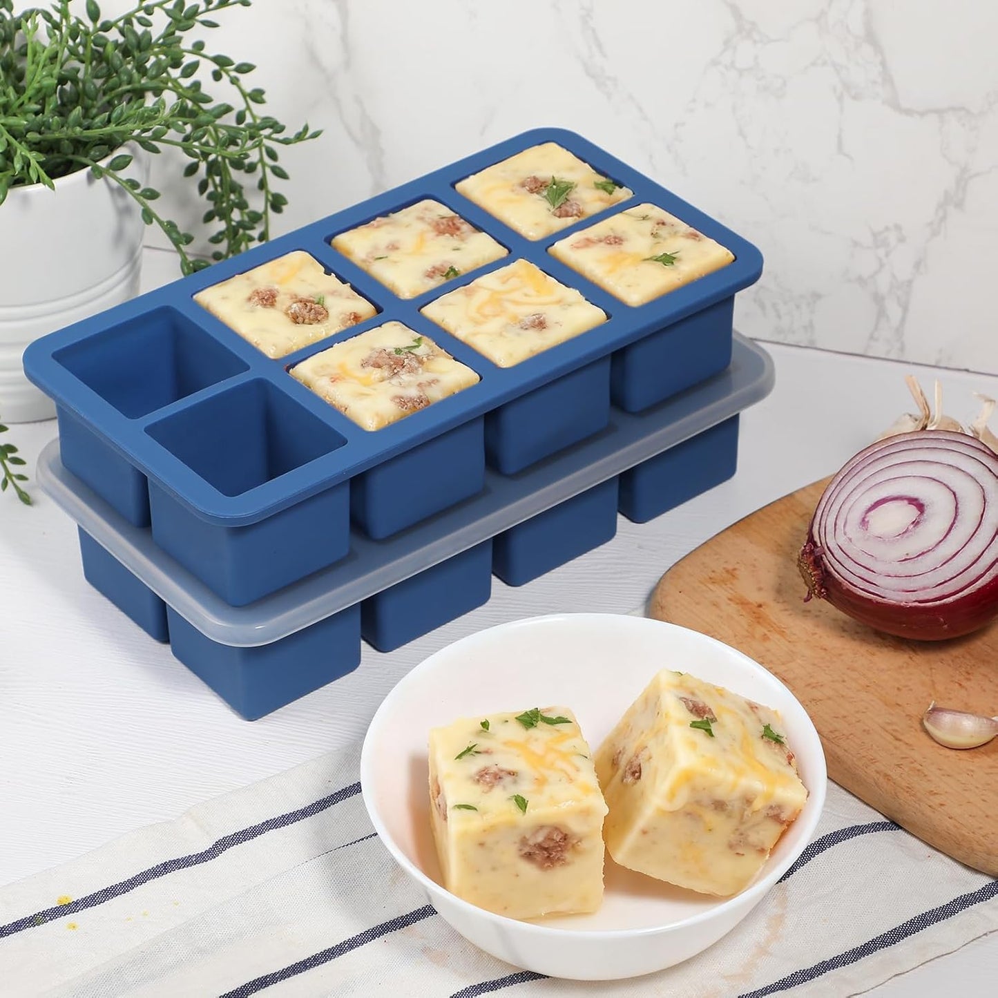 Koluti 2-Pack Nonstick Silicone 3 Soup Freezer Mold, 1-Cup Large Sauce Ice Tray with Plastic Lid, Stackable Freezing Maker Meal Prep Food Storage Container, Dishwasher Safe & BPA Free