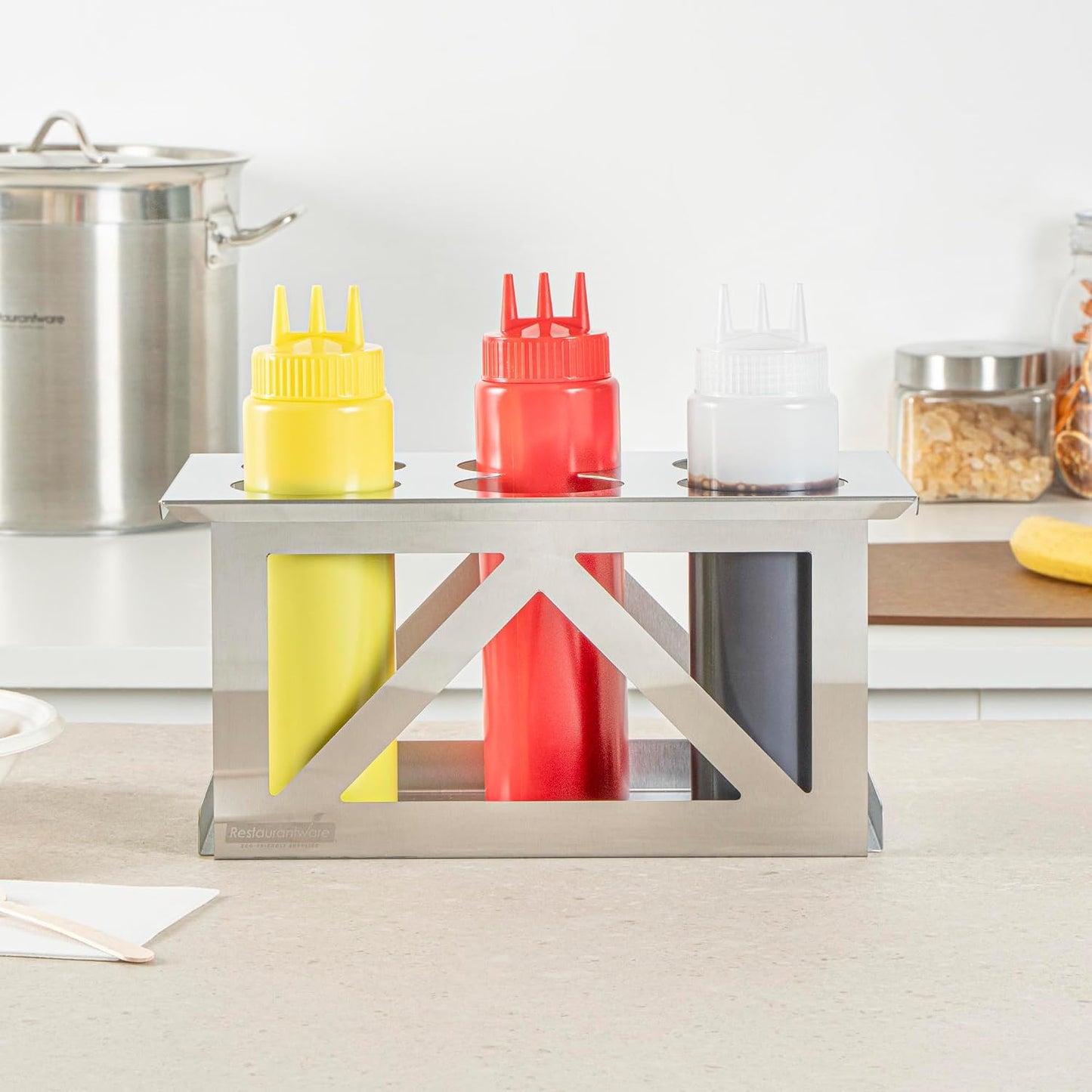 Restaurantware Stainless Steel Bottle Organizer - 1 Count - 6.299 x 7.087 x 0.394 Inches - Dishwasher-Friendly Condiment Holder - Kitchen Bottle Rack - Space-Saving Design - Silver