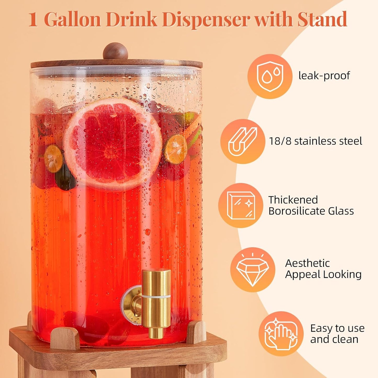 1 Gallon Glass Drink Dispensers: Beverage Dispenser For Parties With Wood Stand, Large Water Drink Dispensers With Stainless Steel Spigot, Ideal for Lemonade,Juice, Tea, and Party Drinks