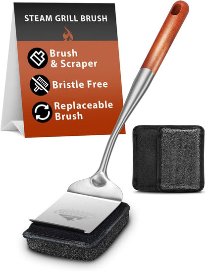 Bristle-Free Grill Brush for Outdoor Grill, Steam Cleaning Grill Brush Bristle Free with 1 Replaceable Brush Heads, Steel Fibers Pad for Cast Iron/Stainless-Steel Grates
