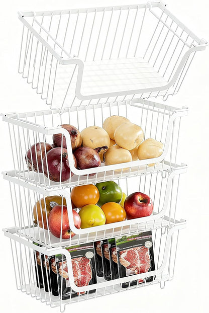 GAOKASE 4 Pcs Stackable Wire Baskets for Pantry Organizers and Storage,Vegetable Fruit Basket for Countertop,Kitchen Storage Metal Baskets,Produce Potato Onion Storage Bin-Black