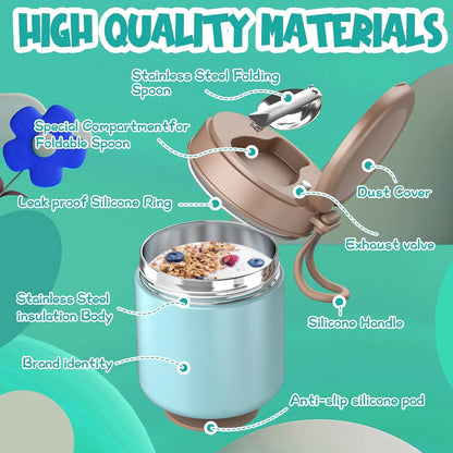 Thermo for Hot Food Kids - 15.2oz, Leak Proof Insulated Food Jar, Soup Thermo, Insulated Lunch Containers, Termos Para Comida Caliente, Wide Mouth Lunch Box with Folding Spoon and Handle