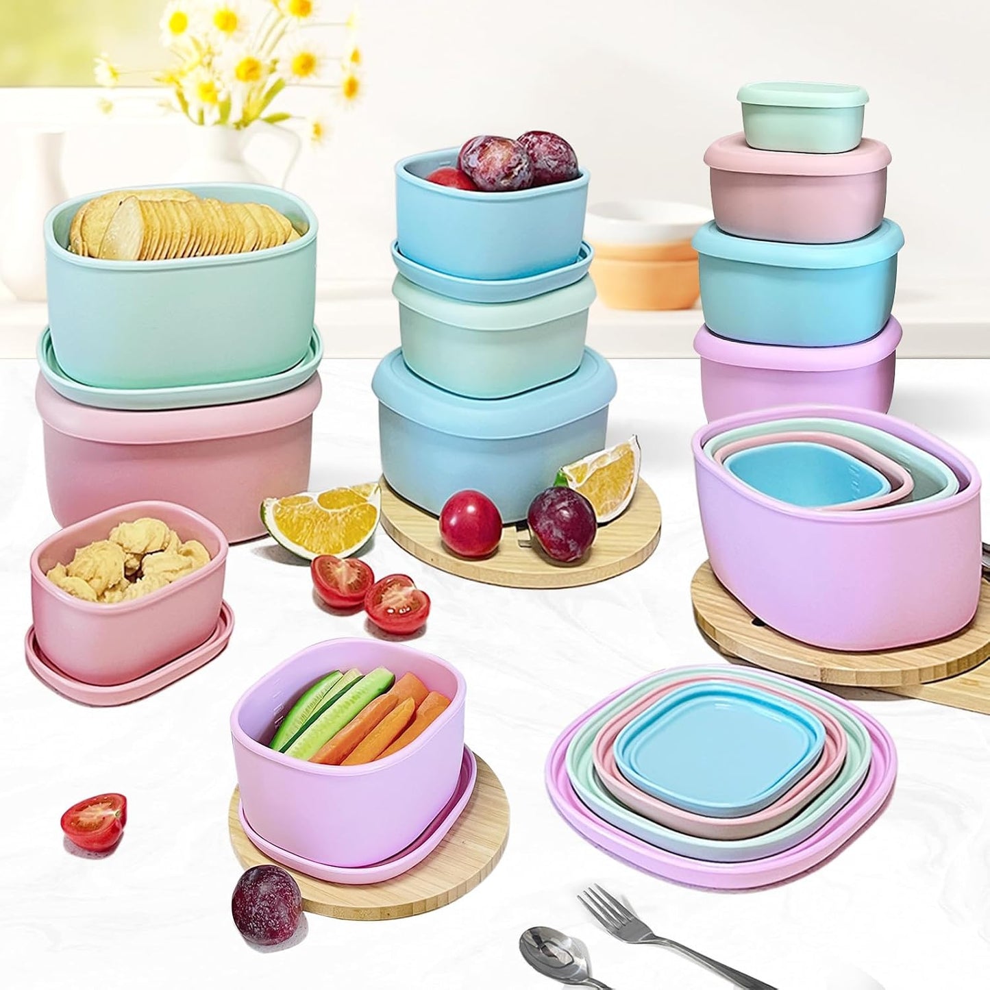 Anatole Silicone Food Storage Lunch Bento Box Set of 3 Reusable Nesting Containers with Lids BPA Free Dishwasher Microwave Oven Freezer Safe Leakproof (6.7oz, 10oz, 20oz)