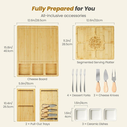 Large Charcuterie Board Set with Knife Set, 12.6" × 11.2" Square Fruit Tray, Bamboo Cheese Platter (Double-Drawer), Great for Group Gatherings, House Warming Gifts New Home, Birthday Gifts for Women