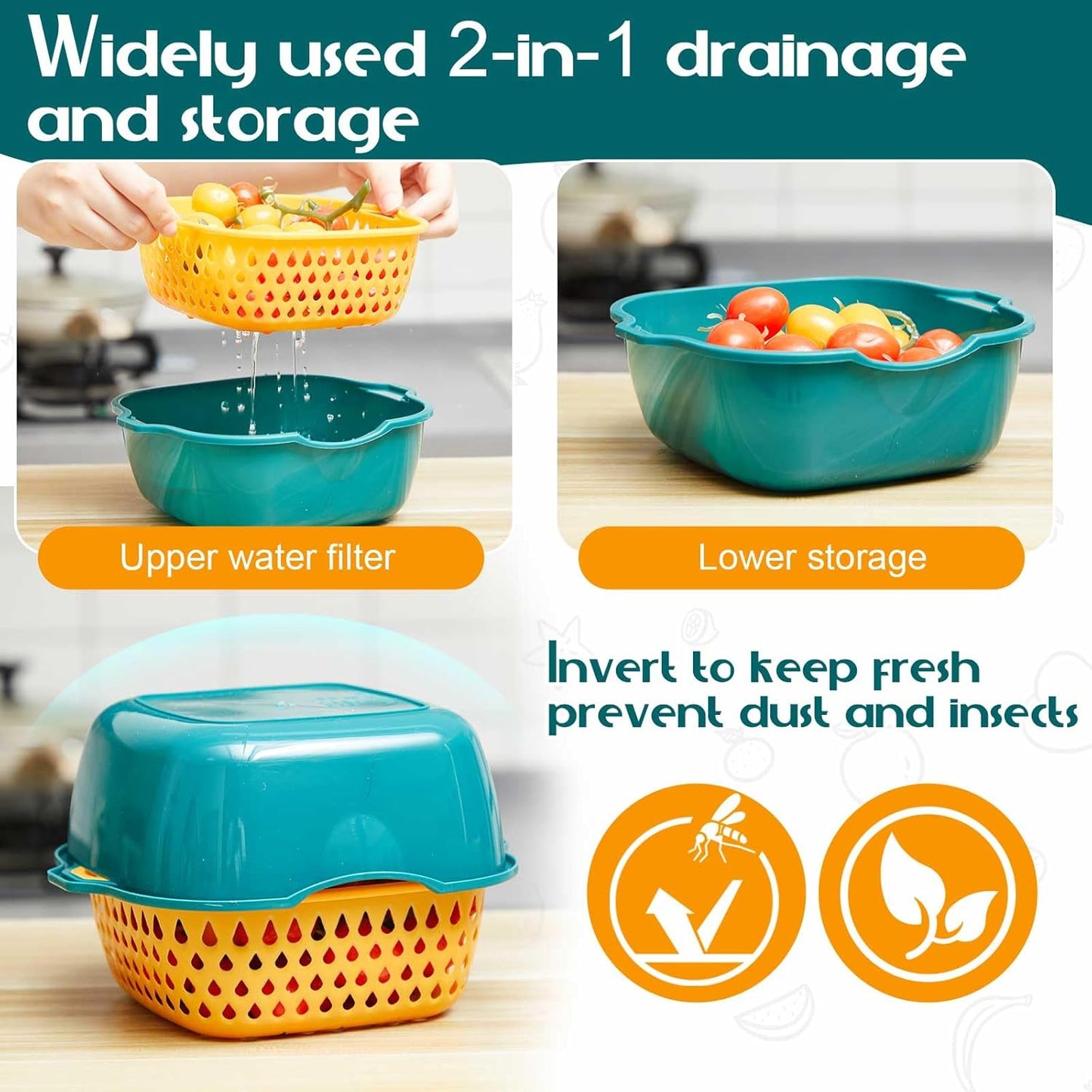 LemonRoad 8 Pcs Drain Colander Bowl Set Fruits and Vegetable Washing Strainer Detachable Double-layer Plastic Kitchen Food Basket, Kitchen Essential Gadgets (Orange, Green)