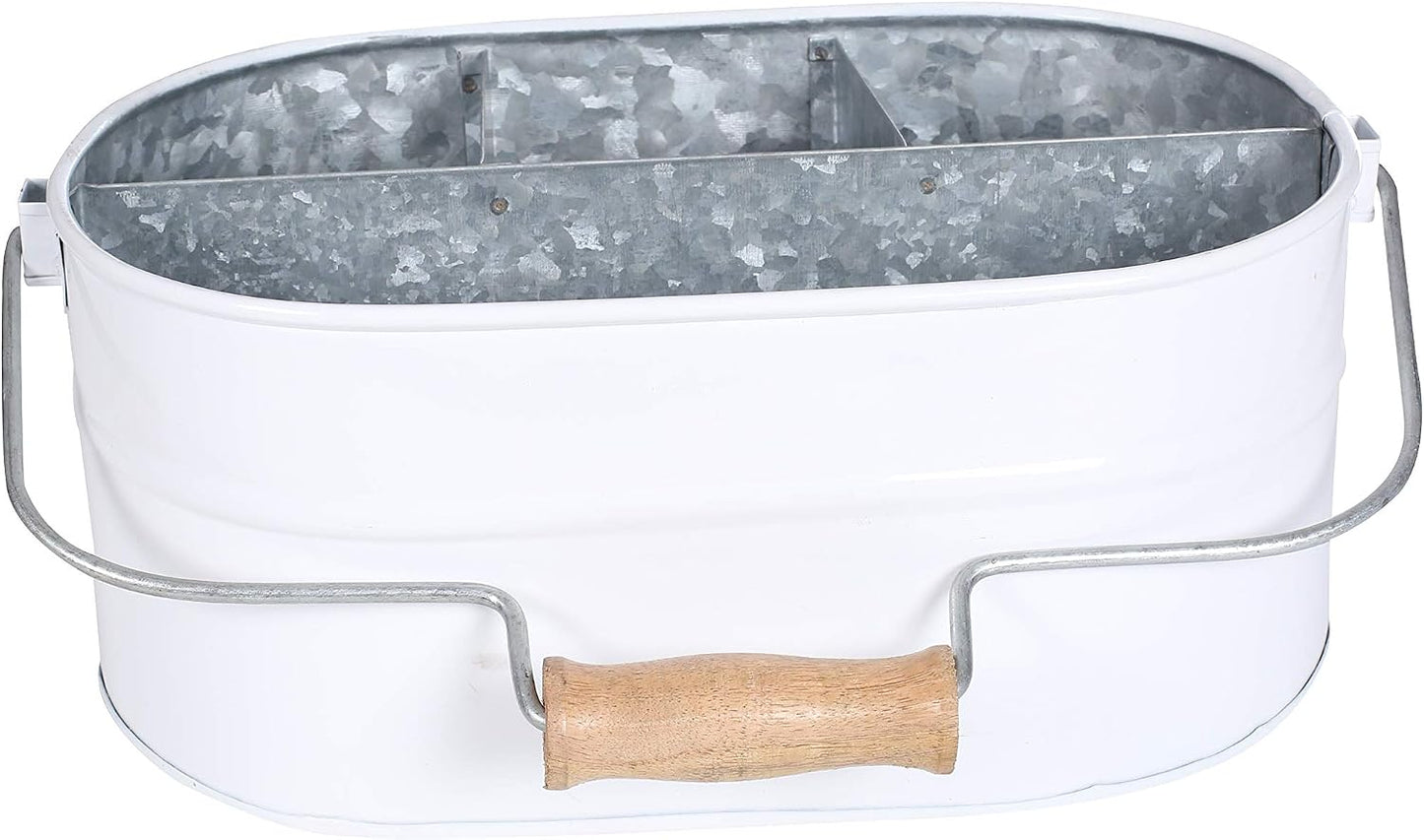 Light & Pro Multipurpose Galvanized Rustic Farmhouse Caddy - Metal 4 Compartment Storage Bin Caddy With Wooden Handle Perfect For Kitchen Utensils, Picnic, Garden Planter - Hammered - Antique Grey