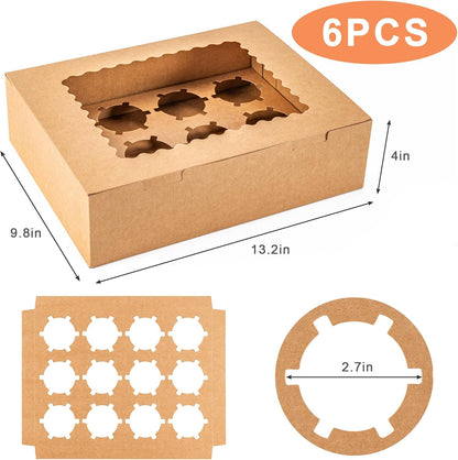 Hoewina 6PCS Cupcake Boxes - Hold 12 Count Cupcake Containers with Window, Food Grade Cupcake Holder Easy Transport and Presentation - Ideal for Cupcakes, Desserts, and More