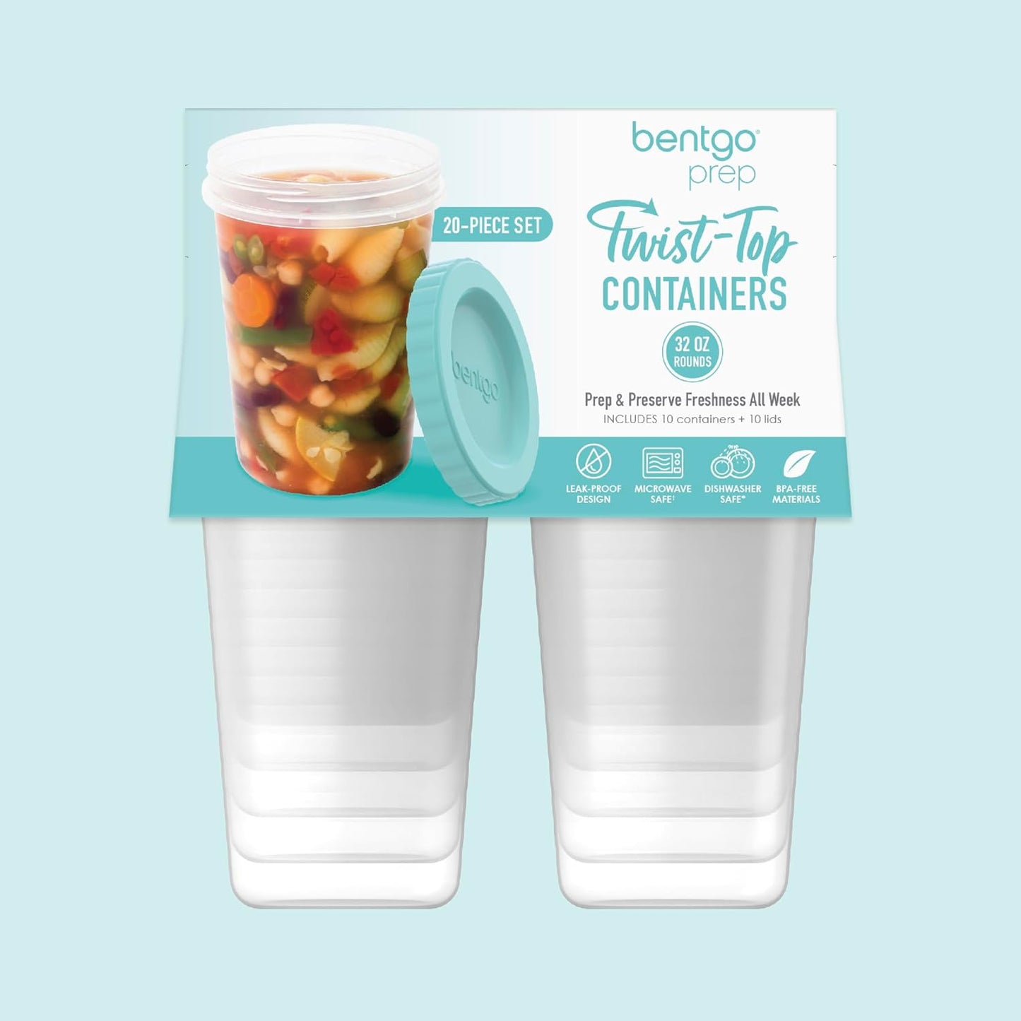 Bentgo Prep - 20 Piece 32 fl oz Leak-Proof Deli Containers with Lids, Food Storage for Meal Prep, Twist-Top, Reusable, PFAS & BPA-Free, Stackable, Microwave, Freezer & Dishwasher Safe (Aqua Splash)