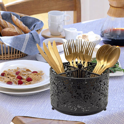 DysanVica 360° Rotating Metal Silverware Caddy - 4 Compartment Utensil Cutlery Holder Fork Spoon Napkin Organizer Flatware Storage Basket Party Countertop Buffet Picnic Camping Outdoor (White)